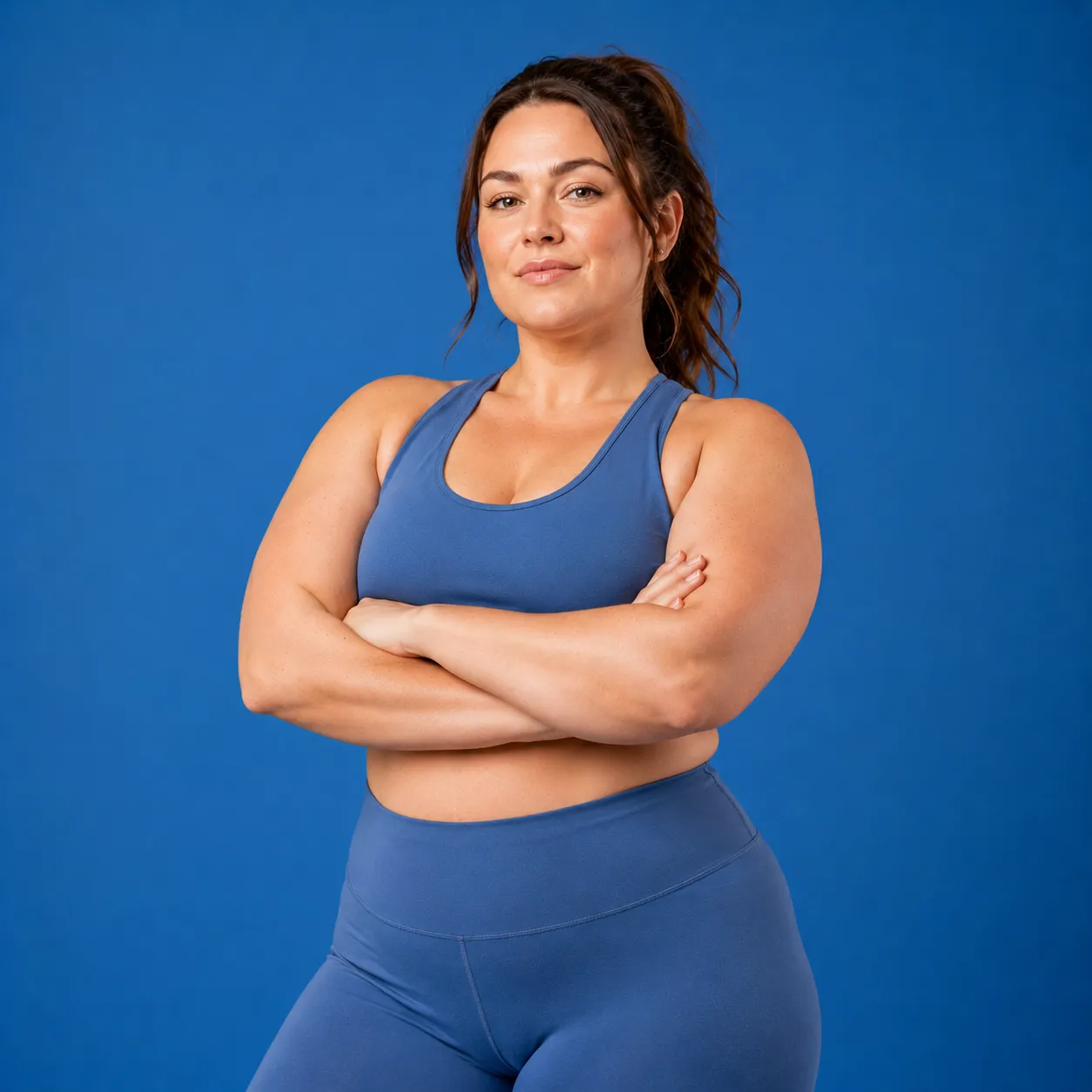 Woman wearing blue activewear with her arms crossed