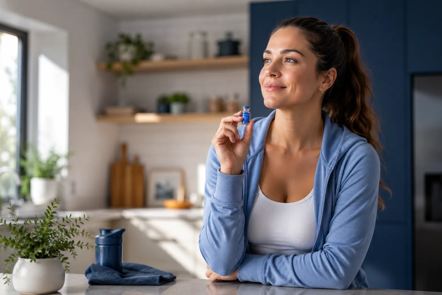 Woman holding her prescribed medication in a bright kitchen